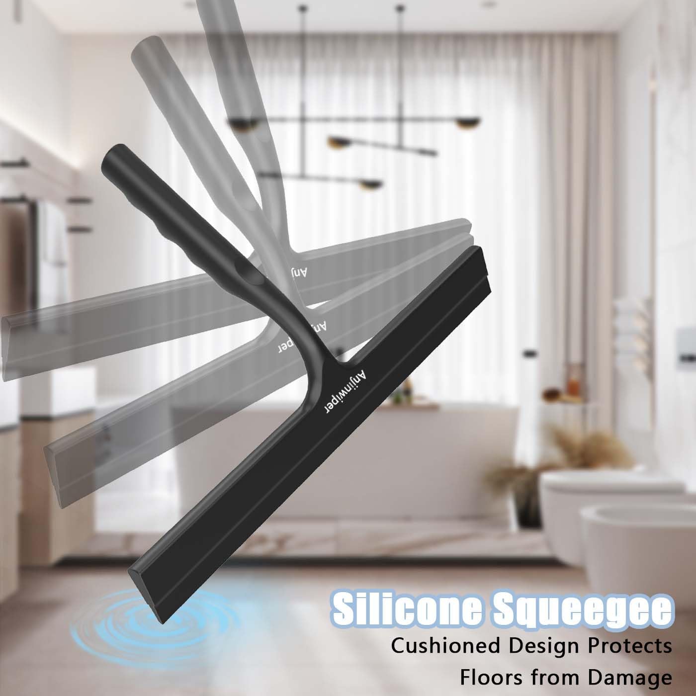 Household Squeegee for Shower Glass Doors, Silicone Shower Squeegee with Adhesive Hook, Bathroom Squeegee for Shower, Window Cleaner Tool for Glass Door, Kitchen, Tile Wall(10 inch-Black)