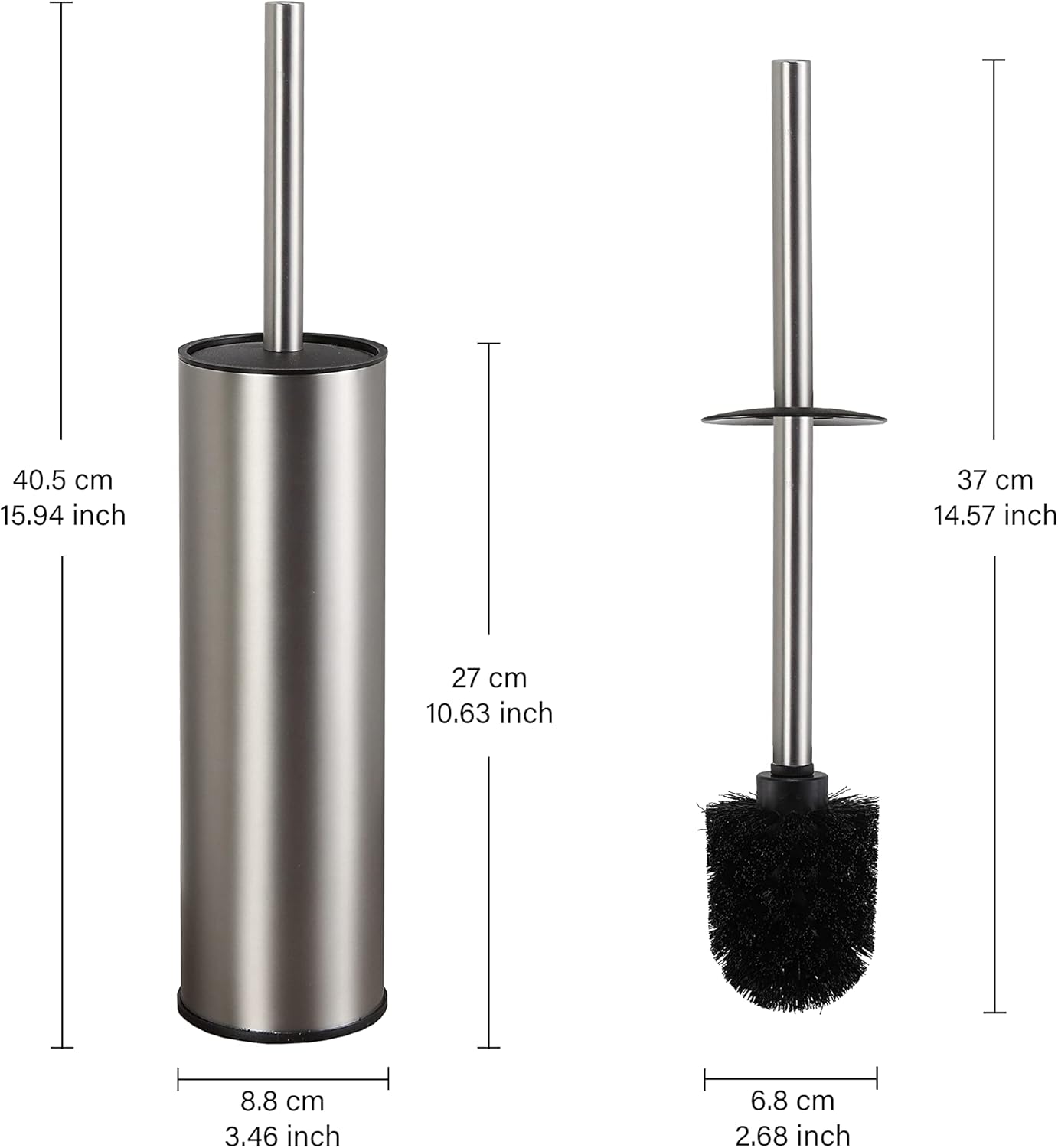 BGL Stainless Steel Toilet Brush with Holder, 2 Black Bristle Heads