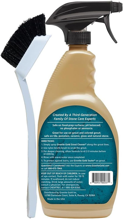 Granite Gold Grout Cleaner Spray with Brush for Stone, Ceramic, Glass & Colored Grout, 64 Fluid Ounces + 24 Fluid Ounces + 4 brushes
