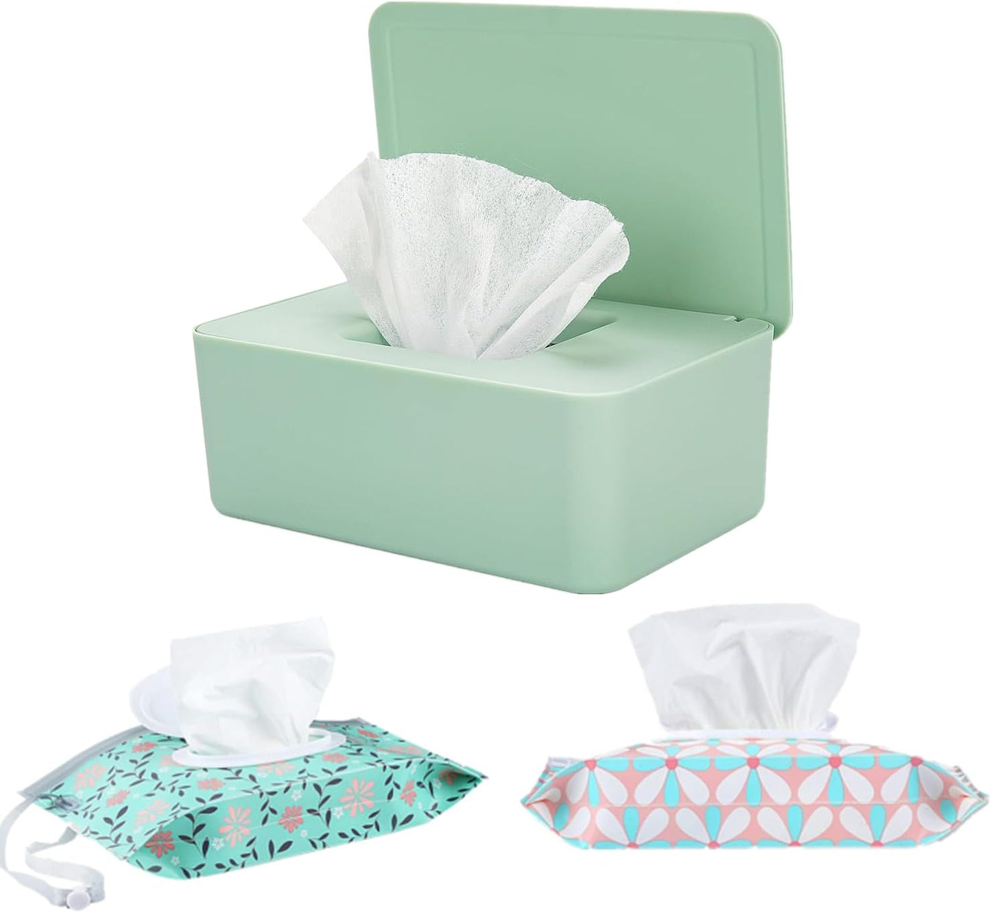 Wipe Dispenser White,Reusable Flushable Wipe Holder Set with 2Pcs Refillable Portable Wipe Bag for Baby Adult Bathroom,Wipe Container with Lids Keeps Wipes Fresh,Baby Shower New Mom Gifts