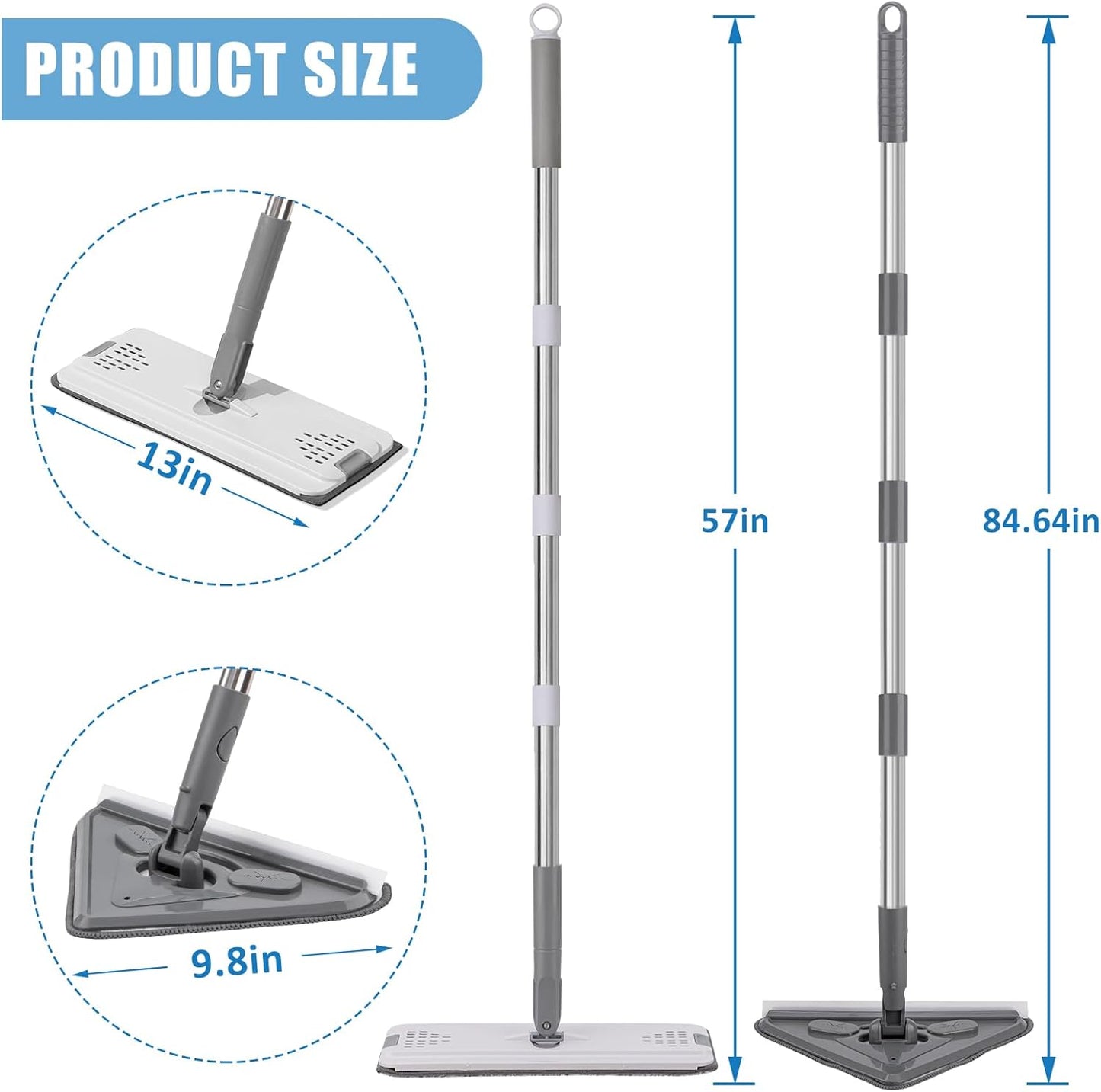 Mops for Floor Cleaning with 57" Long Handle, Scrub Brush, Wall Cleaner Mop with 84'' Long Handle, 2 Reusable Pads, Wet and Dust Mopping for Hardwood, Laminate, Tile Floor, Wall, Ceiling, 19Pcs Gray