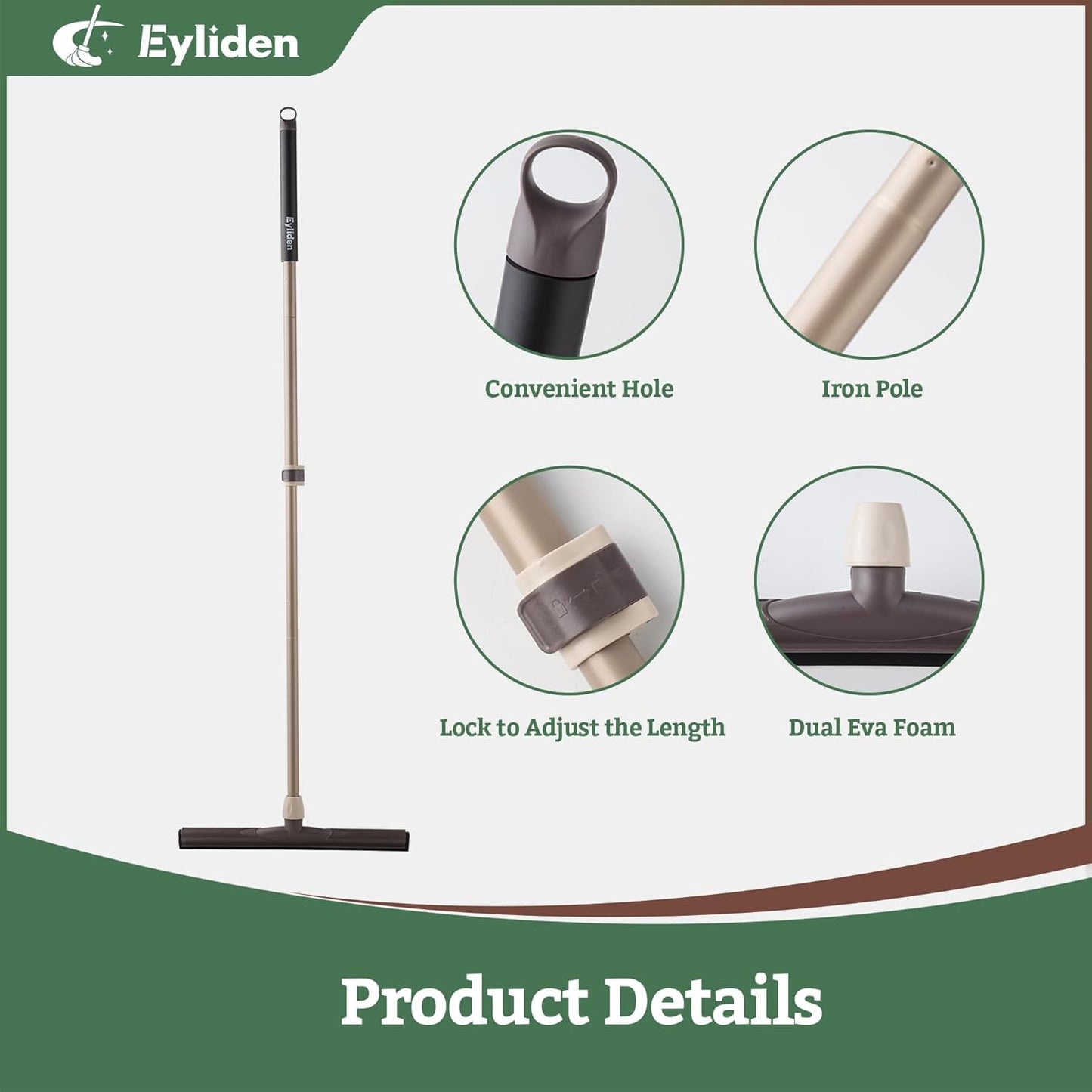 Eyliden Floor Squeegee for Water Removal, 17" EVA Dual-Layer Blade Dries Floors in One Pass, Long Handle, Scratch-Free Water Sweeper for Kitchen, Bathroom, Tile & Hardwood Floors