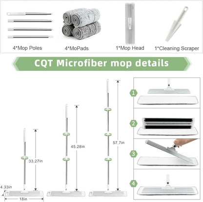 CQT Commercial Flat Microfiber Floor Mop Cleaning System 18" Inch Wet Dry and Dust Hardwood with 4 Washable Pads Cleaner for Laminate Tile Stainless Steel Handle and Extension (PT12-WET)