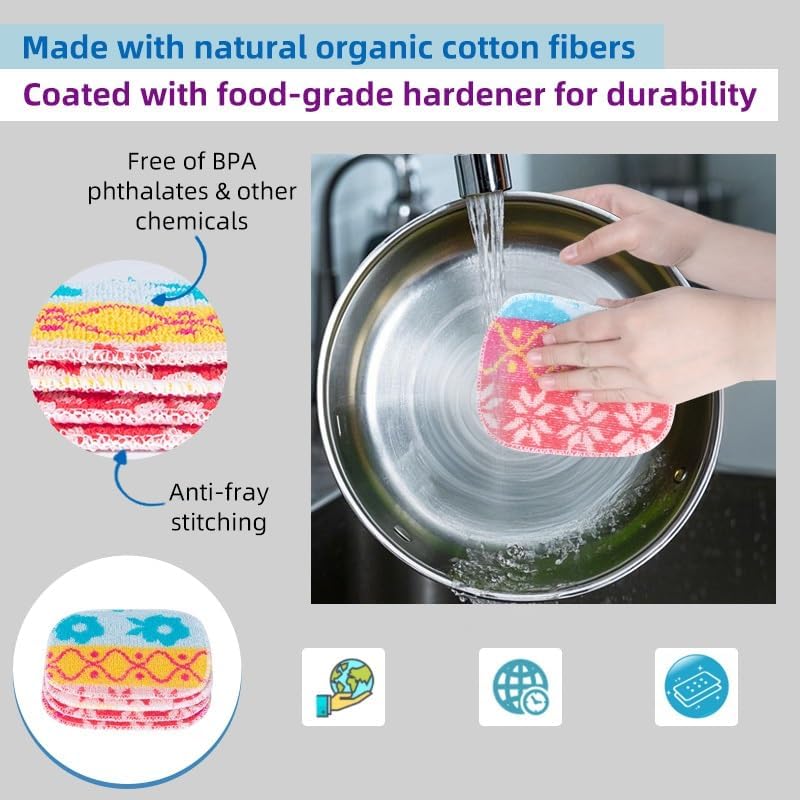 Amarelle GEN II Dish Washing Scrubbers (3-Pack), Made in Green Kitchen Scrubbers for Dishes, Non Scratch Pot & Pan Scrubber, Dual-Sided Heavy-Duty Scouring Pads, Reusable (Nordic Folk)