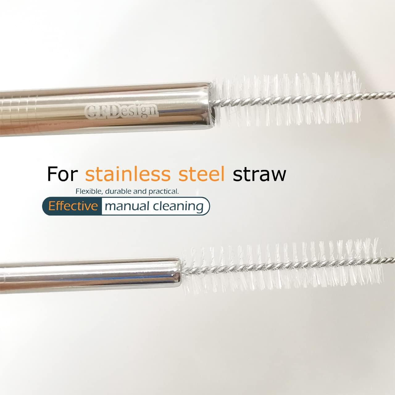 GFDesign Drinking Straw Cleaning Brushes Set Pipe Tube Cleaner Nylon Bristles Stainless Steel Handle - 8" x 3/8" (10mm) - Set of 15