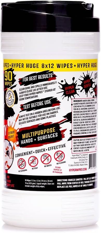 Hyper Wipes, 1 Pack Heavy Duty Hand & Tool Cleaning Wipes, 7"x12" Size Multi-Surface Cleaning Wipes, Degreasing, All Purpose Cleaner, Bathroom, Mechanic, Work Surface Wipes, 35 Count Canister