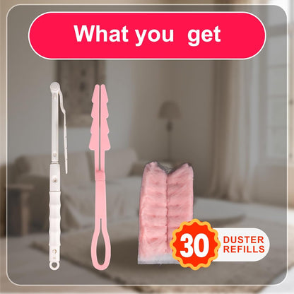 ITTAR 30 Count Duster Refill kit, Dust Cleaning Supplies with Extension Pole, Fan Feather Dusters with 2 Types Handle for Cleaning Home, Celling Fan, Blinds, Furniture, Vent & Shelves-Pink