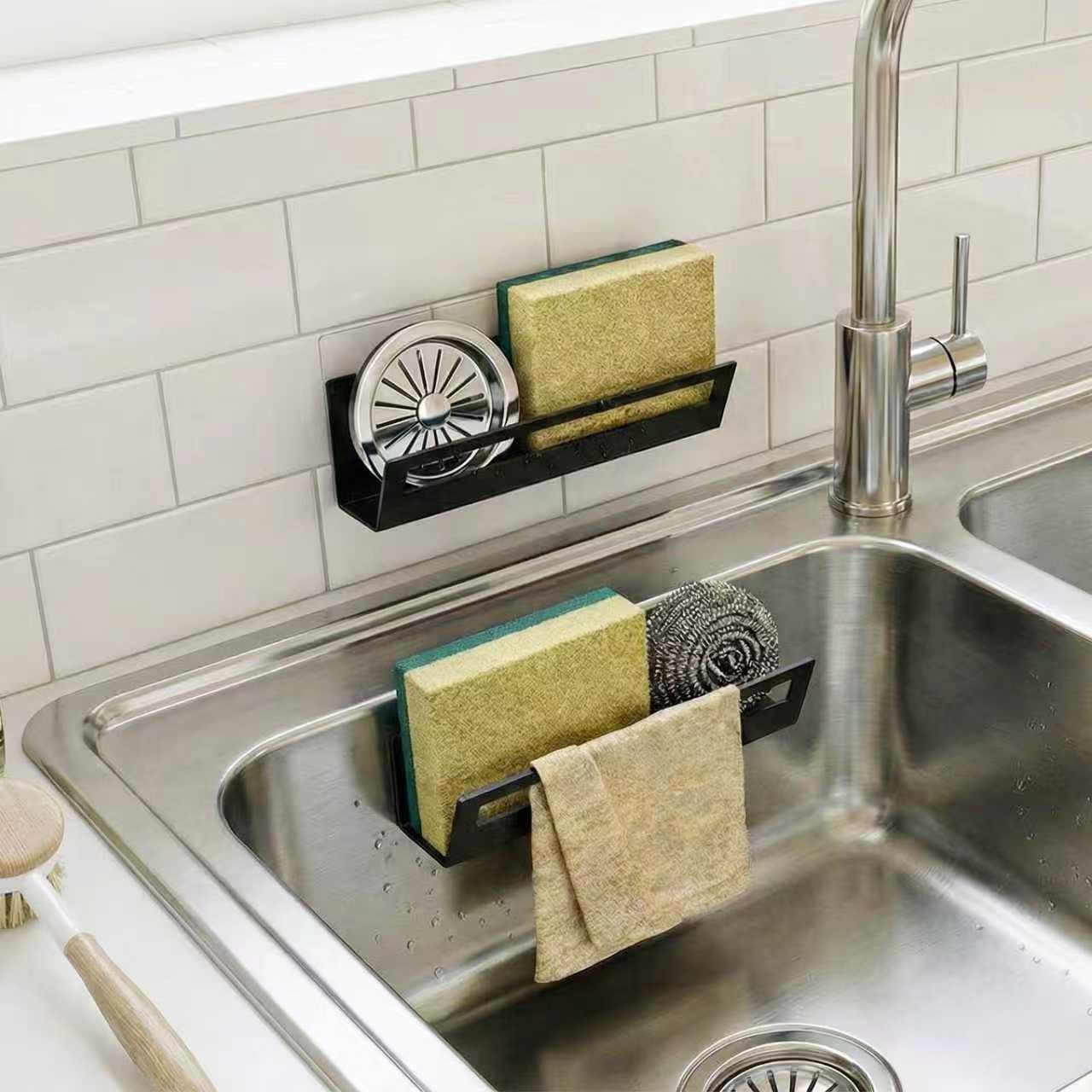 Sponge Holder for Kitchen Sink with Suction Cups & Adhesive Hook, Rustproof In-Sink Sponge Holder, Space-Saving Wall Hanging Sink Caddy Organizer Rack - Sponge, Dish Cloth, Brush - Stainless Steel