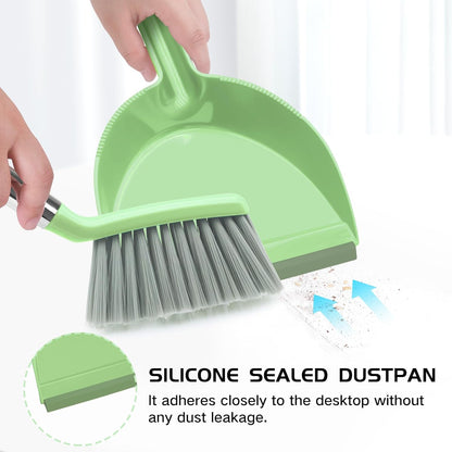 NACENA Mini Broom and Dustpan Set, Small Dust Pan and Brush Set with Handle Dustpan Teeth for Cleaning Hair Suitable for Office Desks Drawers Sofas Outdoor Camping, Light & Purple