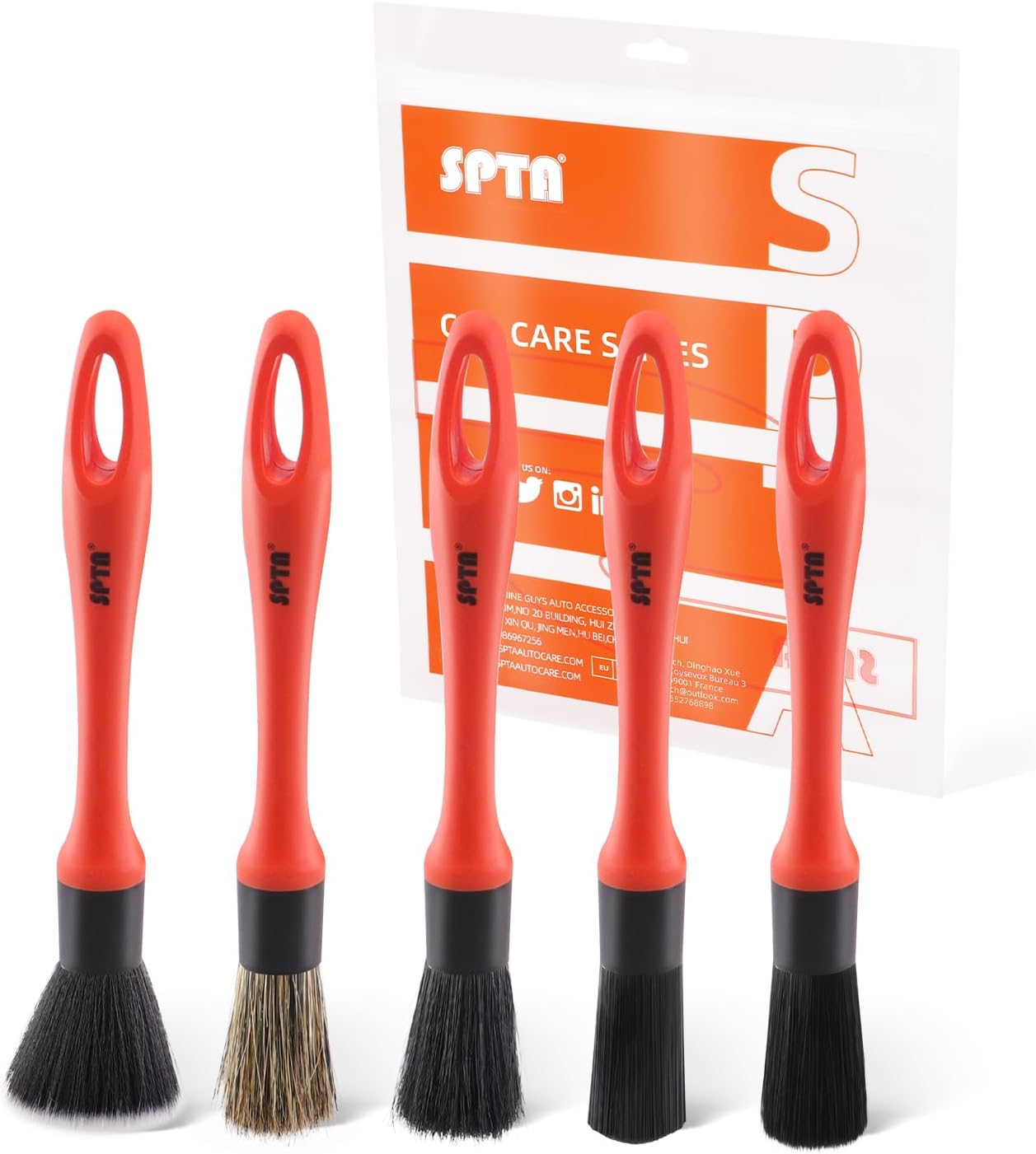 SPTA Car Detailing Brush Set, 5 Pack Soft Mixed Hair Auto Detail Brush Kit No Scratch for Automotive Elegant Surface Interior Exterior Dashboard Emblems Panels Engine Bay Wheels Air Vent Seat Leather