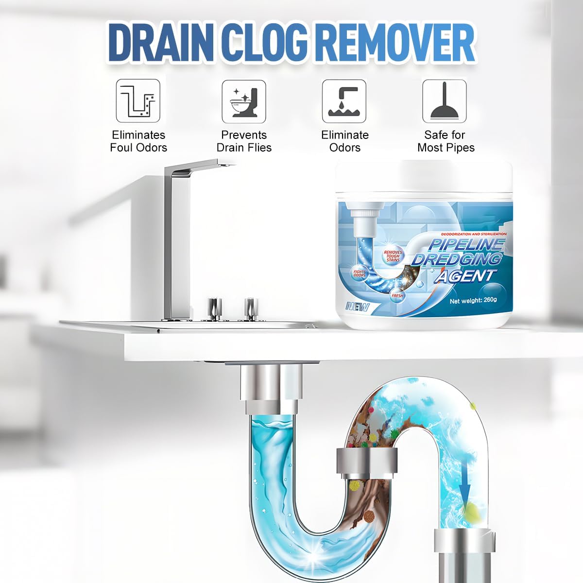 Drain Clog Remover, Powerful Pipe Dredging Agent, Sink Drain Cleaner for Kitchen Bathroom, Unclogging Solution for Pipes, Toilets & Showers (1)