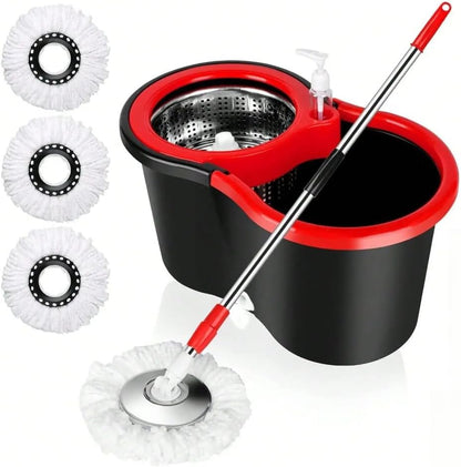 360° Spin Mop and Bucket System with Wringer - 61" Stainless Steel Handle & 3 Microfiber Refills, Self-Cleaning Floor Mop for Tile, Hardwood, Laminate Floors (Black red)