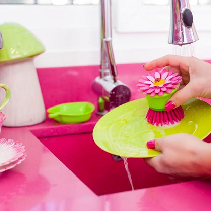 Vigar Flower Palm Dish Scrub Brush with Holder, Perfect Kitchen Brushes for Dishes, Sink Brush and Cleaning Brushes for Household Use, Pink, Green