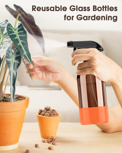 Bontip Glass Spray Bottle with Silicone Sleeve Protection, Amber Glass Spray Bottle Set for Window Cleaner Aromatherapy Facial Hydration Watering Flowers Hair Care 2 Pack/16 oz (Black & Brown)
