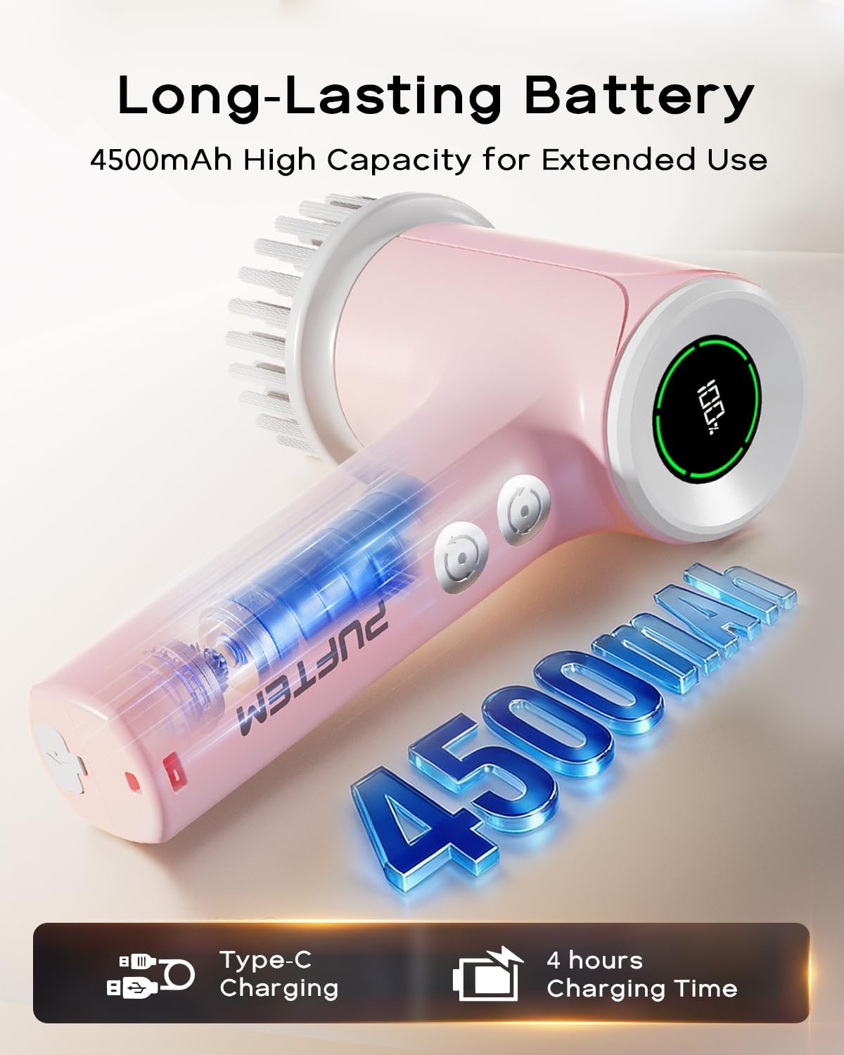 PUFTEM Upgraded Electric Spin Scrubber, Powerful Cordless Shower Scrubber with 4500mAh Large Battery & Speed Display, 6 Replaceable Brush Heads, Cleaning Brush for Bathroom Tile Tub Floor (White)
