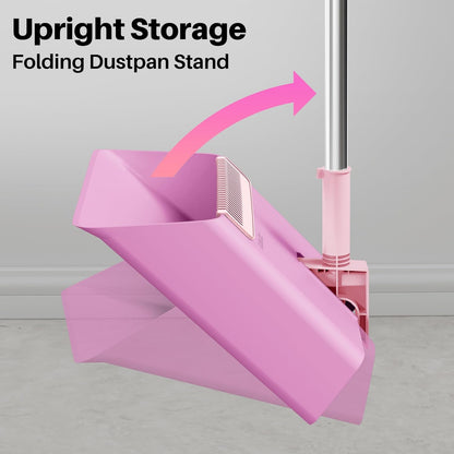 JOYMOOP White Broom and Dustpan Set, Upright Angle Design with Built-in Comb Teeth for Kitchen, Office, Pet Hair, Hard Floors
