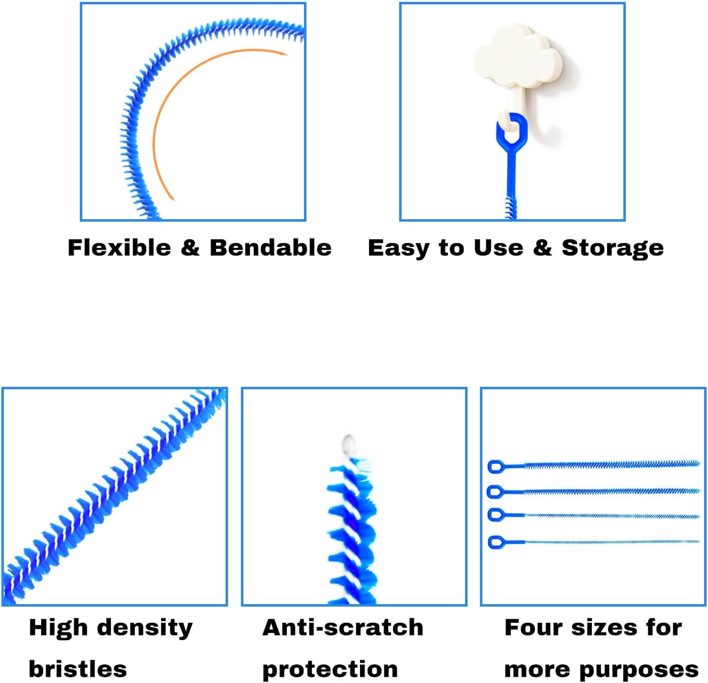 7pcs Reusable Straw Cleaning Set 4 Multi-Size Blue Brushes & 3 Multifunctional 3-in-1 Cup Lid Gap Cleaners for Bottles Mugs Accessories