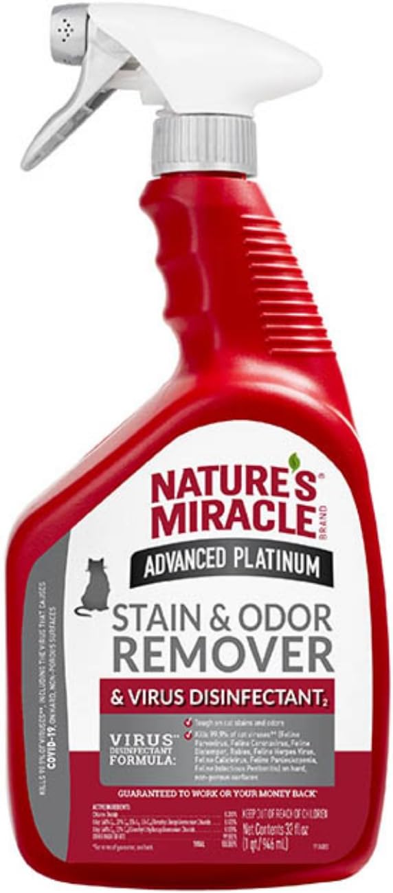 Nature’s Miracle Advanced Platinum Stain and Odor Remover and Virus Disinfectant, 32 Ounces, Disinfects and Cleans