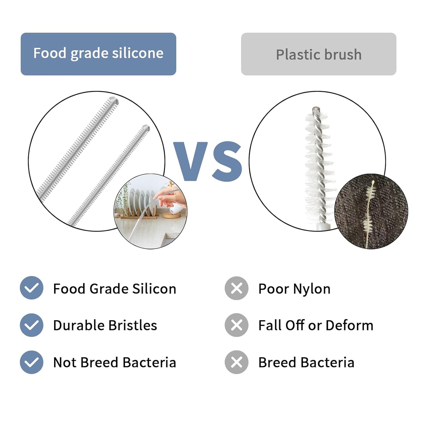 Reusable Silicone Straw Cleaner Brush Set, 2-Pack Extra Long Straw Cleaning Brush for Metal Glass Water Bottle Drinking Straws, Flexible&Bendable Design, Dishwasher Safe, 6mm & 8mm Diameter
