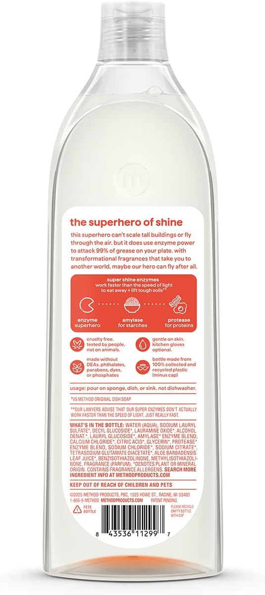Method Super Shine Liquid Dish Soap, Powered by Enzymes, Coastal Citron Scented, 16 fl oz