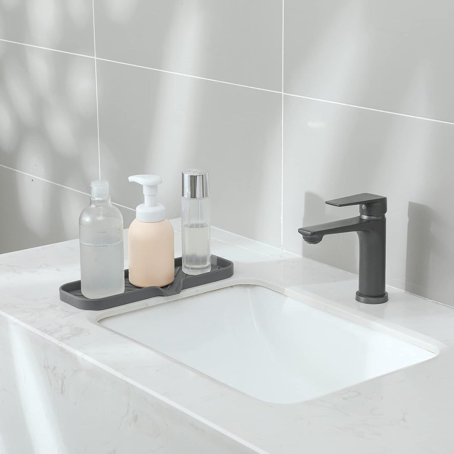 MicoYang Silicone Bathroom Soap Dishes with Drain Spout-Bathroom and Kitchen Sink Organizer,Sponge Holder,Dish Soap Tray,Perfect for Dispenser,Scrubber,Bottle,Cup on Sink or Counter-Black 4.9"×3.2"