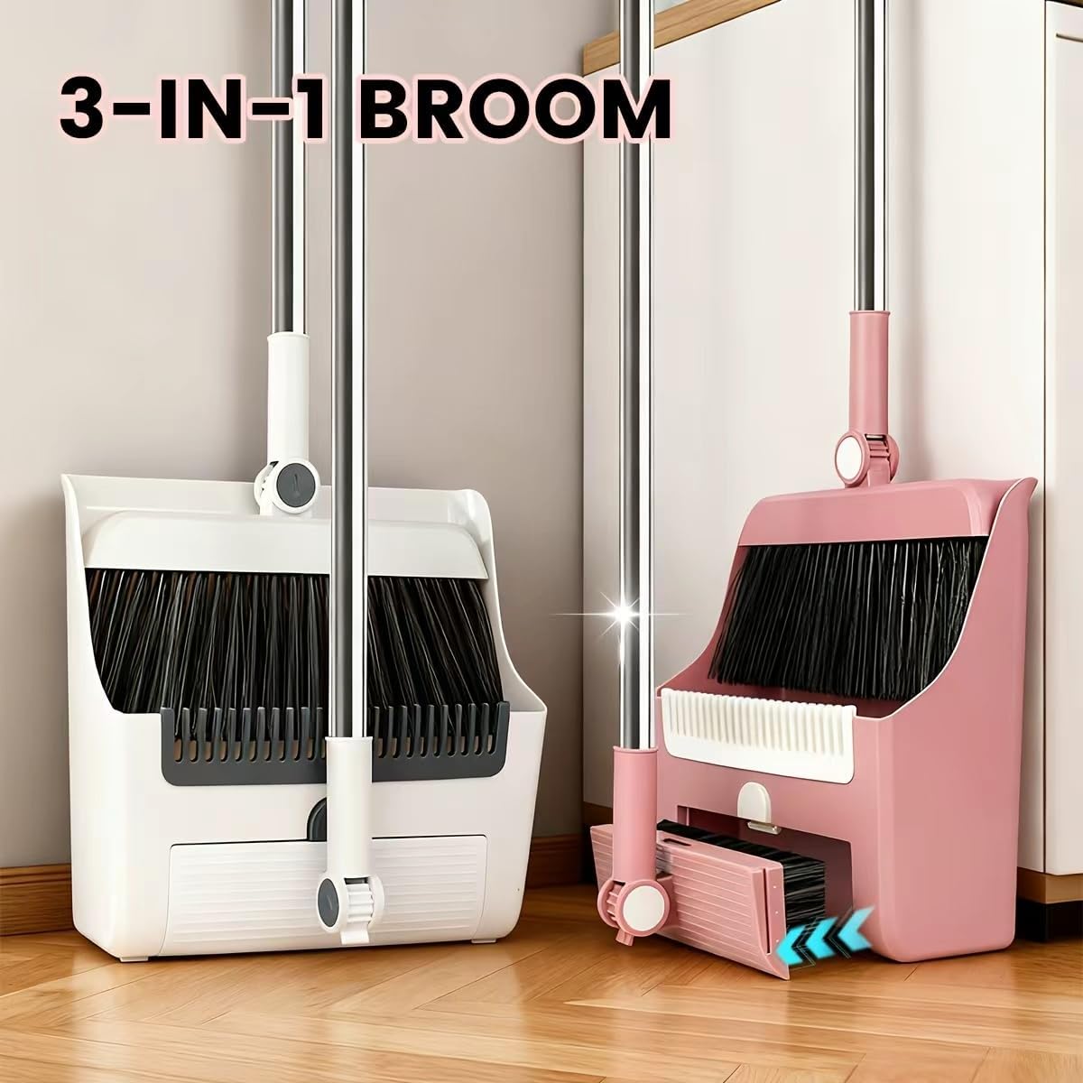 3 in 1 Broom and Dustpan Set with Adjustable Push Broom with 48.8“ Long Handle for Floor Sweeping Outdoor Indoor Sweeping Combo for Home & Kitchen (Purple)