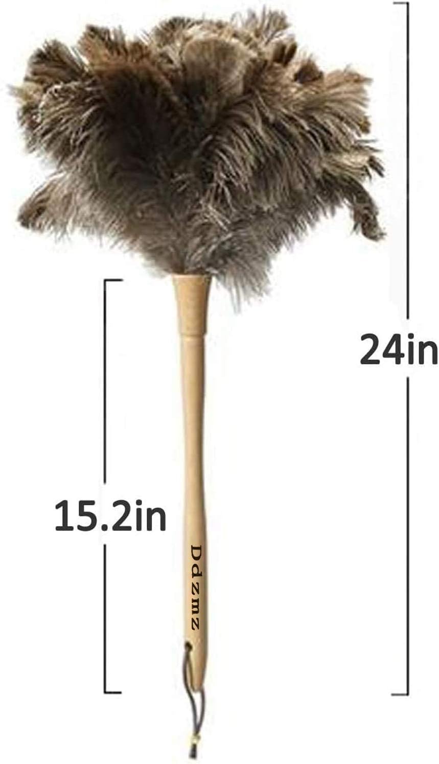 Ostrich Feather Duster for Cleaning-Furniture Dusters with Handle Ddzmz Hand Duster with Fluffy Natural Genuine Feather Reusable Household Duster, Gray and Brown(Length 16")
