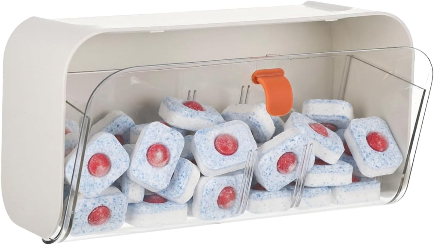Dishwasher Detergent Pods Holder Wall-Mounted Clear Laundry Pods Container with Divider for Scent Booster Beads Dryer Balls Hanging Storage Container for Detergent Home Kitchen and Laundry Room