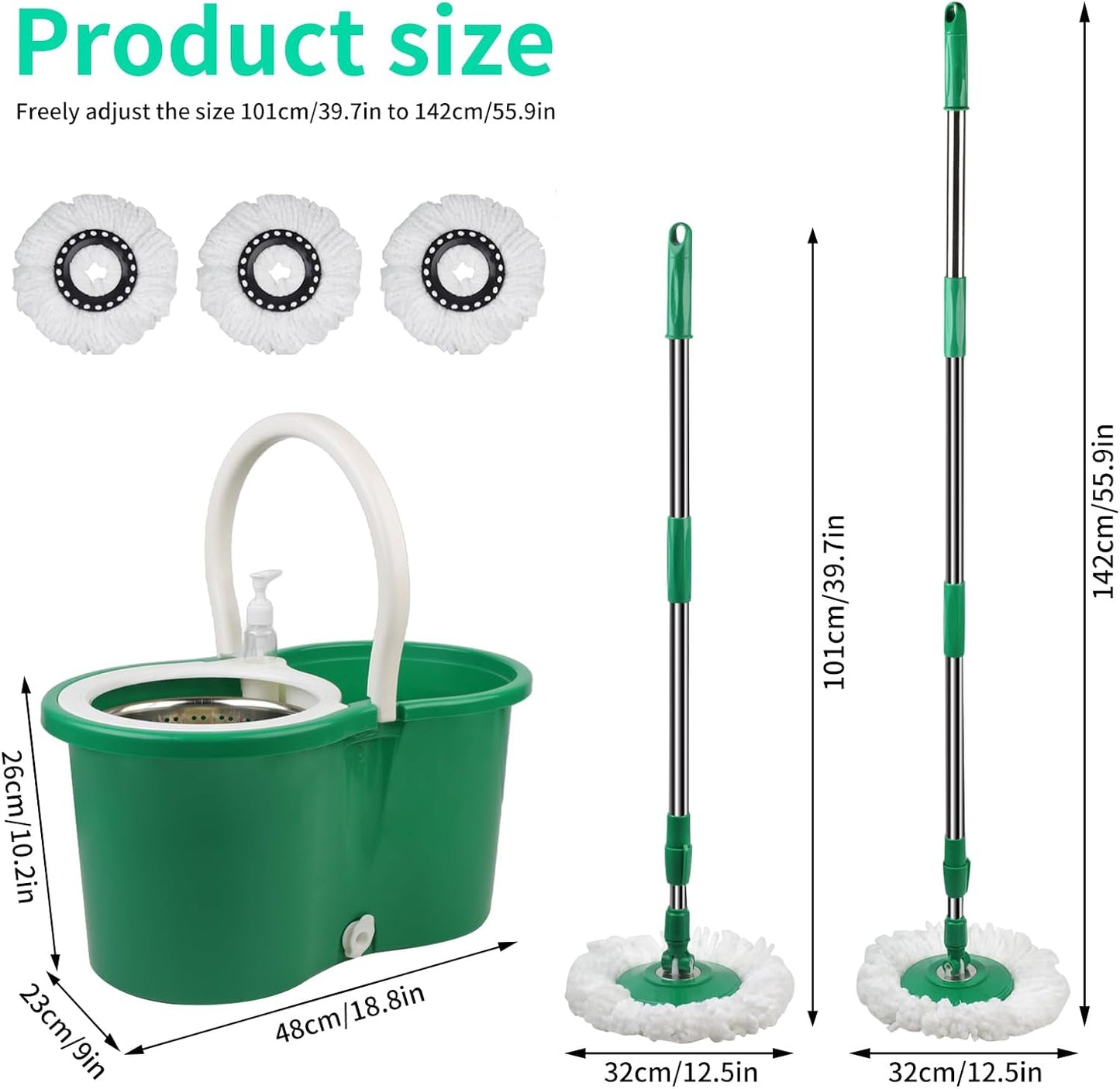 Spin Mop and Bucket with Wringer Set，Mop and Bucket Set for Floor Cleaning with 3 Mop Refills 61 inches Telescoping Rod for Office and Home use