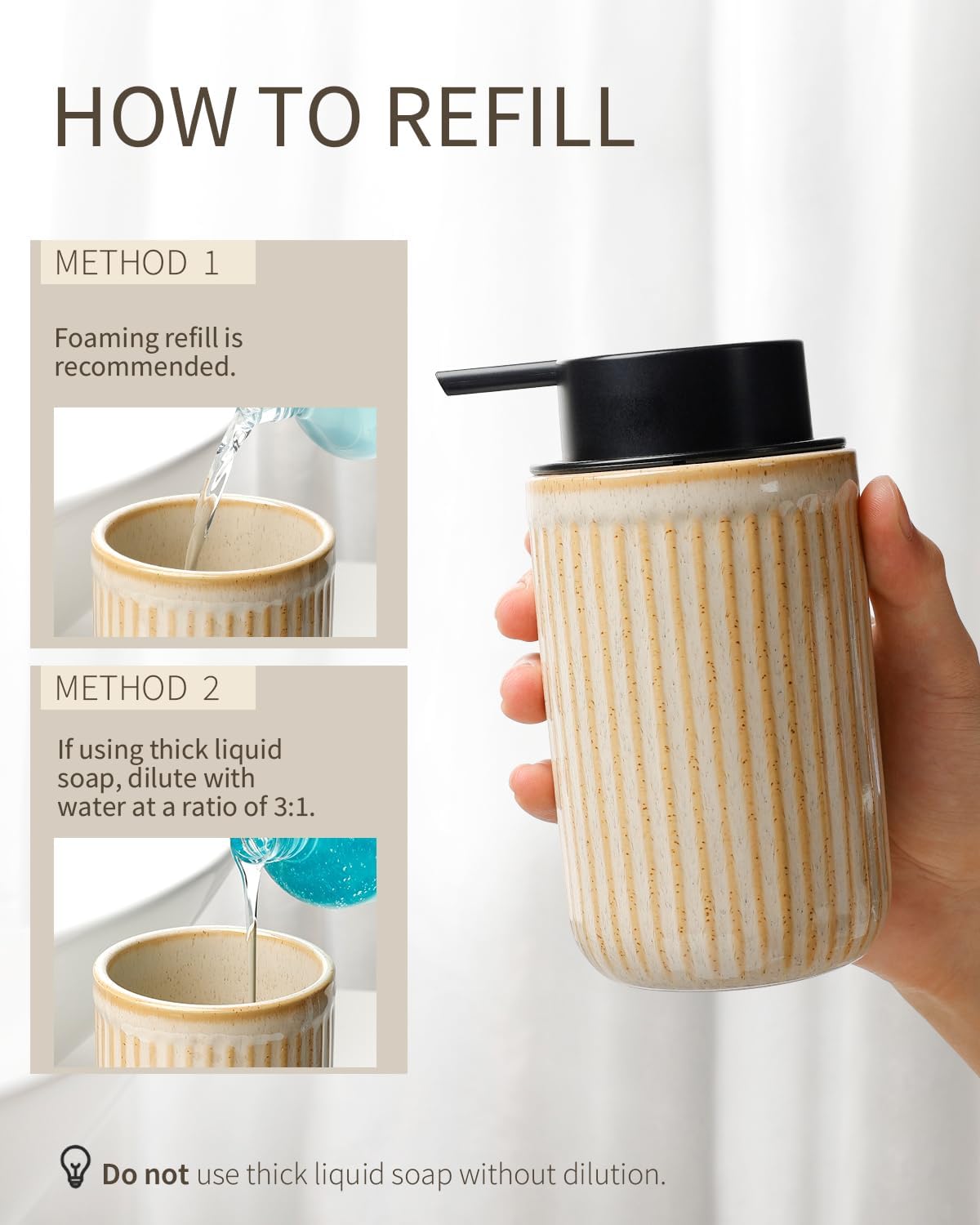 BosilunLife Dish Hand Soap Dispenser - Liquid Pump Soap Dispenser for Bathroom Decro 12oz Ceramic Kitchen Dish Dispenser with Rust-Proof Liquid Pump Modern Refillable Lotion Bottles
