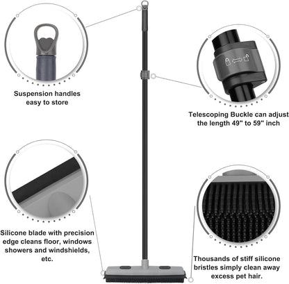 Rubber Broom Carpet Rake for Pet Hair Removal, Fur Remover Broom with 59" Telescoping Long Handle, Pet Hair Broom with Squeegee for Carpet, Hardwood Floor, Tile