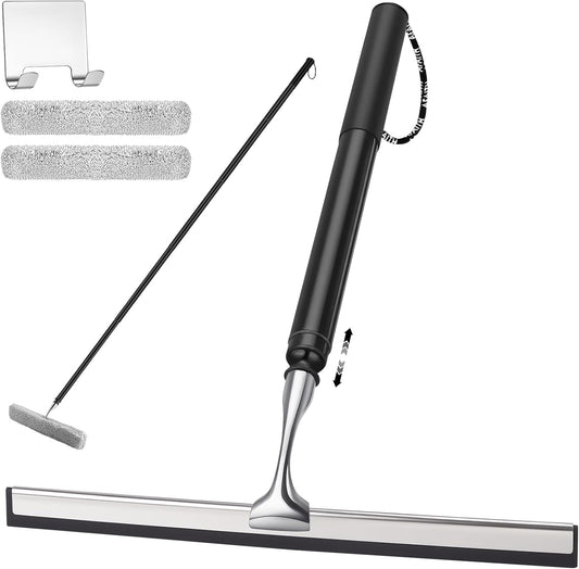 17'' - 60'' Metal Squeegee with Extension Pole for Window,Glass Door,Mirror, 12'' Wide Telescopic Shower Squeegee Cleaner with Long Handle (60'' Telescopic Pole Squeegee)