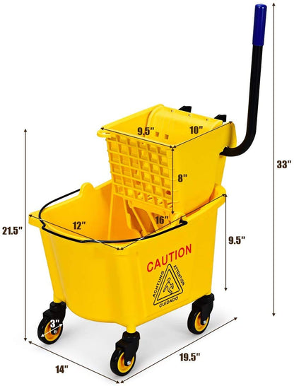 ReunionG Commercial Mop Bucket, Household Bucket with Wringer, Side Press Mop Bucket with Wheel and Handle, Side Press Wringer Trolley with Ergonomic Rocker for Easy Water Drain, Yellow (26 Quart)