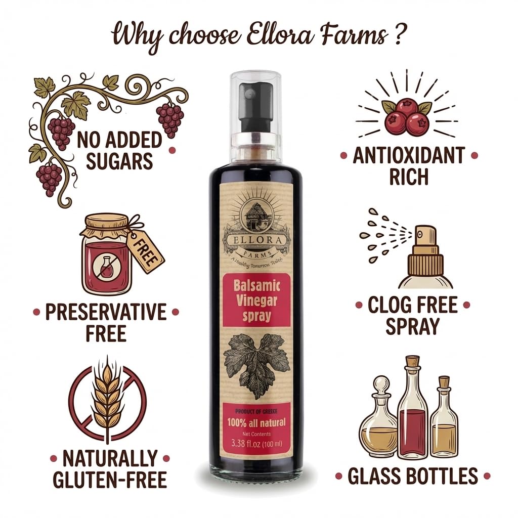 Ellora Farms, Balsamic Vinegar in glass spray bottle, Clog-free, Single Origin Greece, all-natural, 3.38 oz, Pack of 2