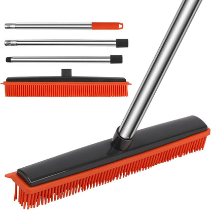 Pet Hair Rubber Broom with Squeegee for Carpet,Fur Remover Broom Carpet Rake for Pet Hair Removal, with 50" Long Handle