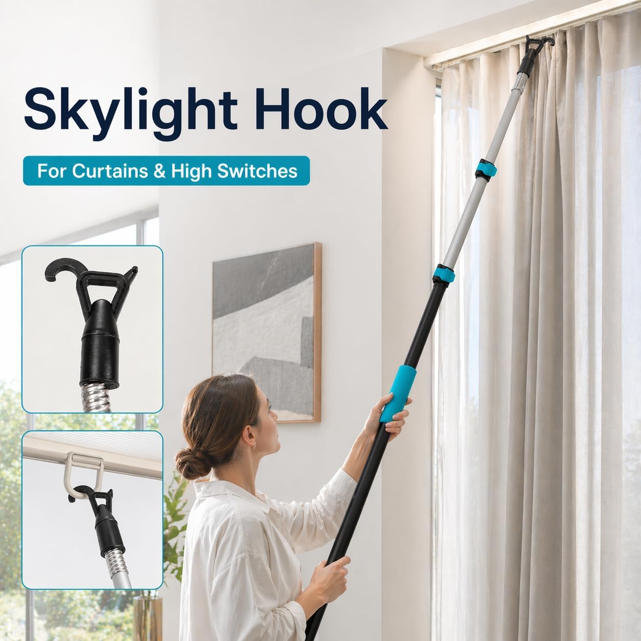 High Ceiling Duster Kit with 3-8FT Heavy Duty Extension Pole, Reaches Up to 13FT, Includes Microfiber Feather Duster, Cobweb and Ceiling Fan Duster, Window Squeegee Cleaner & Skylight Hook (8FT)