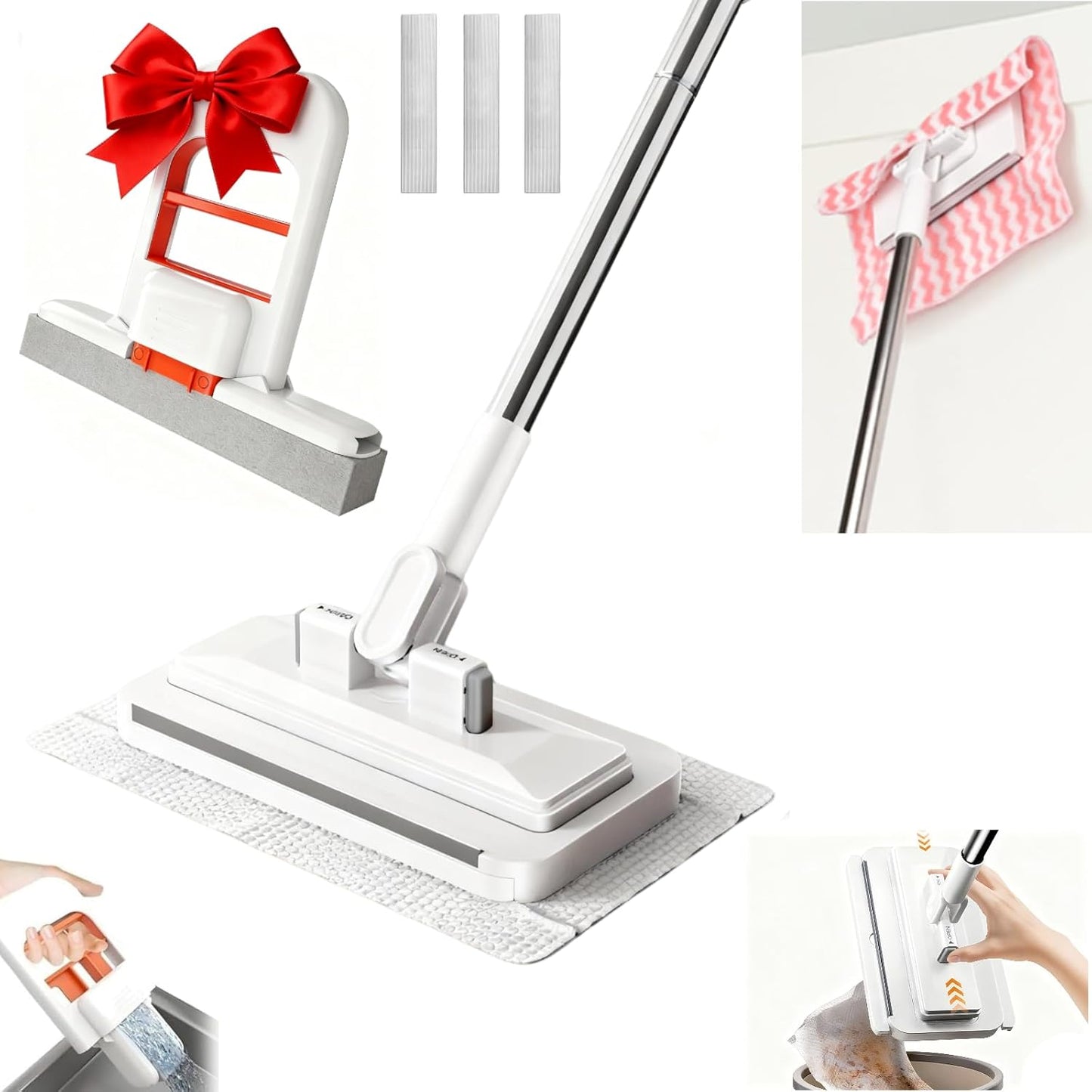 Press Grip Mini Mop, Zero-Touch Gap Dust Cleaner with 39in Lazy Mop & Hands-Free Lock Head, Disposable Dust Mop for House Wall Bathroom Toilet Corners Multi Surface Cleaning with 5 Cloths
