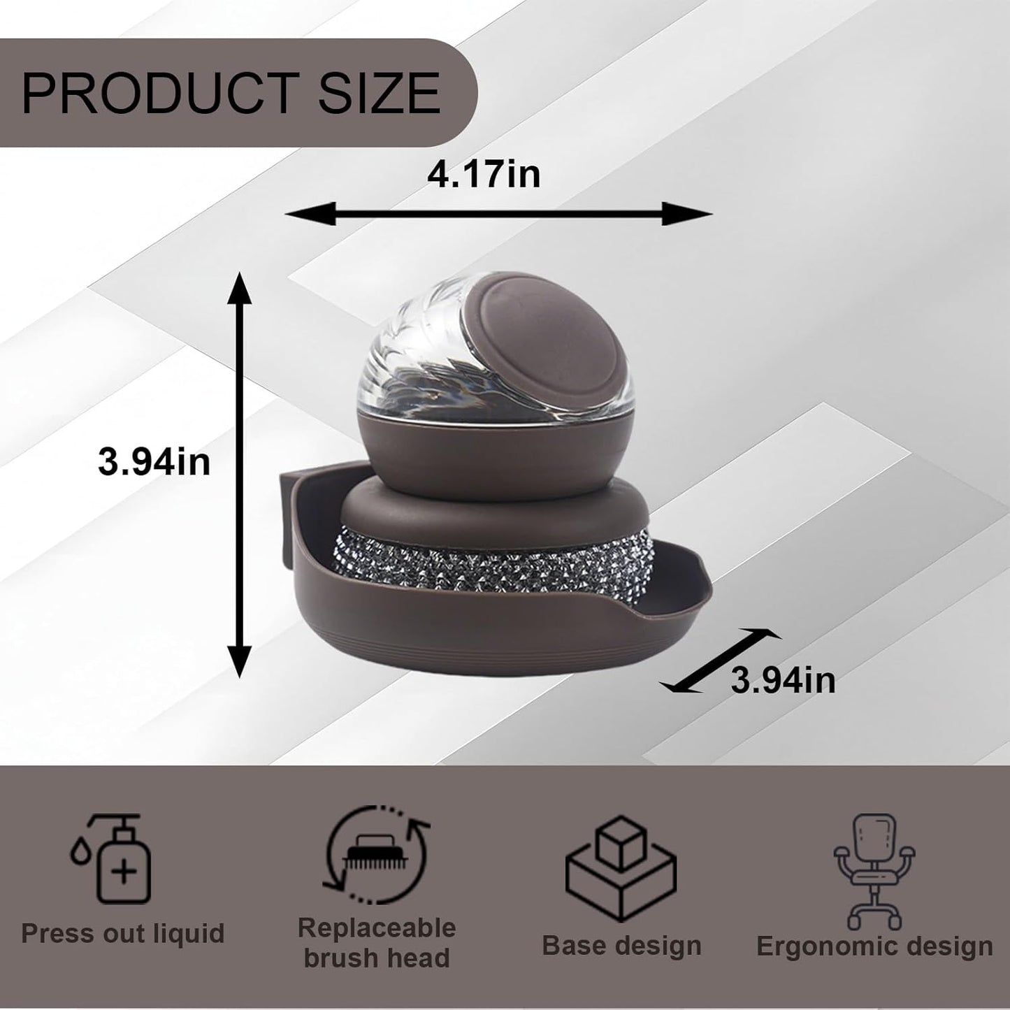 Dish Brush with Soap Dispenser, Steel Wool Scrubber with Replaceable Steel Wool, Pan Scraper and PET Scouring Pad, Wire Brush for Cleaning Cast Iron, Grill Pans, Stock Pots, Grills, Sinks (White)