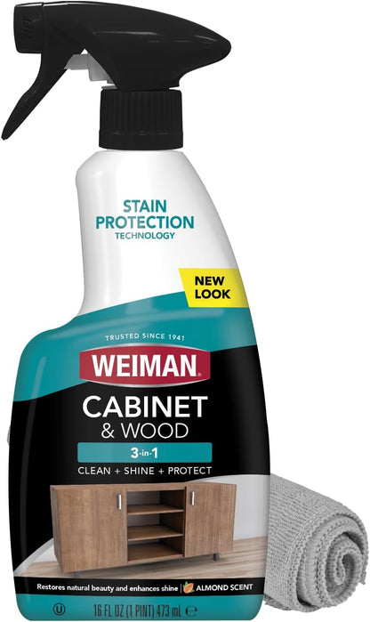 Weiman Cabinet and Wood Cleaner, Shine, Clean and Protect Spray - For Wood Cabinets, Furniture, Tables, Baseboards, Trim and more, 16 oz, 2 PACK with MicroFiber Towel