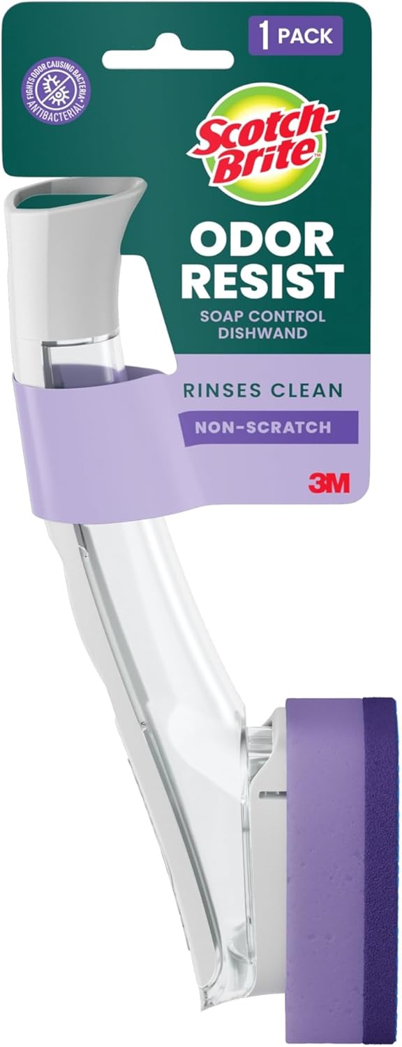 Scotch-Brite Advanced Soap Control Non-Scratch Dishwand Kit, 1 Dish Wand & 5 Sponge Refills, Prevents Soap from Leaking, Leak-Free Guarantee, Best for Nonstick Pots and Pans, Glass, Tubs, & Showers