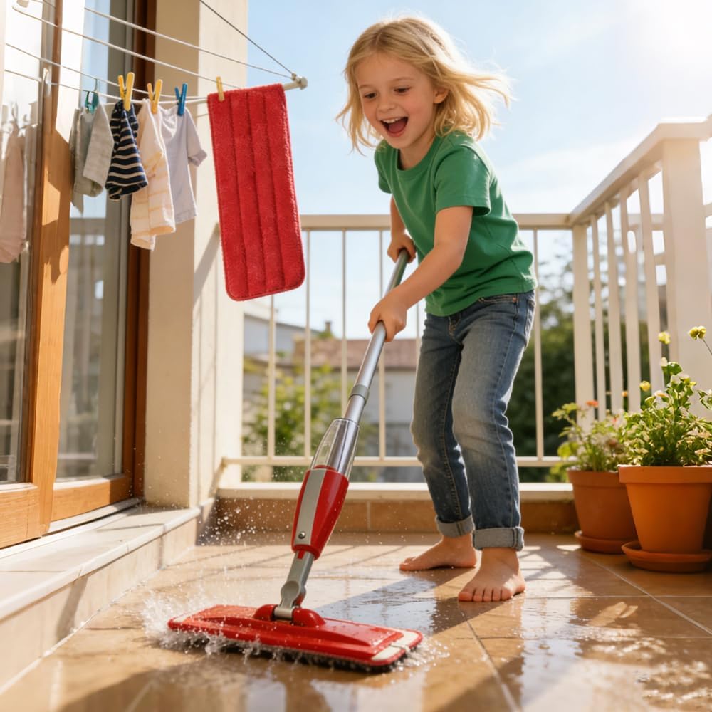 Kids Spray Mop Fun&Functional Toddler Cleaning Set Kids Mop with Real Water Sprayer Bottle Washable Pads Pretend Play Montessori Housekeeping Gifts for Toddlers Kids Girls Boys(Green)