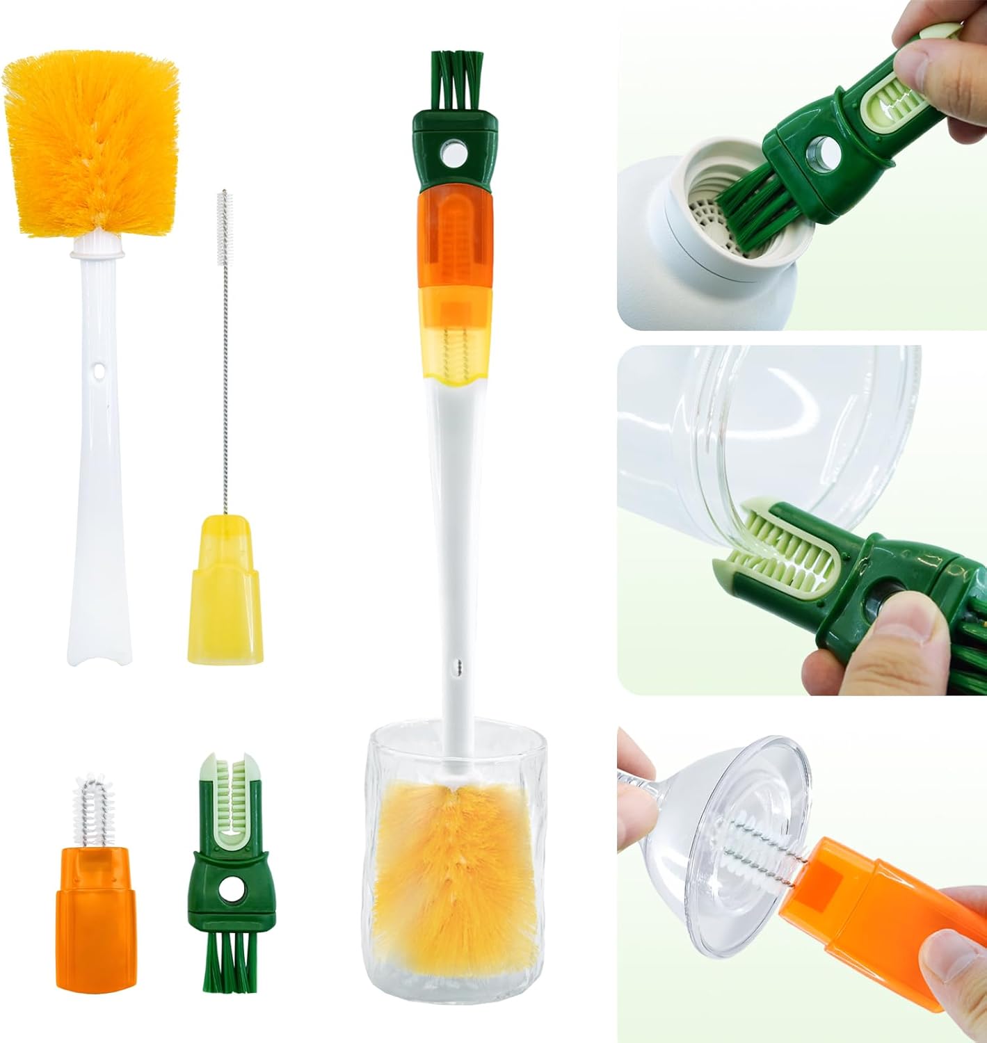 Five-in-one Bottle Brush Set (1Pc Green), Long Handle Bottle Cleaning Brush Straw Brush Nipple Brush Hard-Corner Brush for Sports Water Bottles Caps Mugs Glasswares Tumblers Wine Decanters