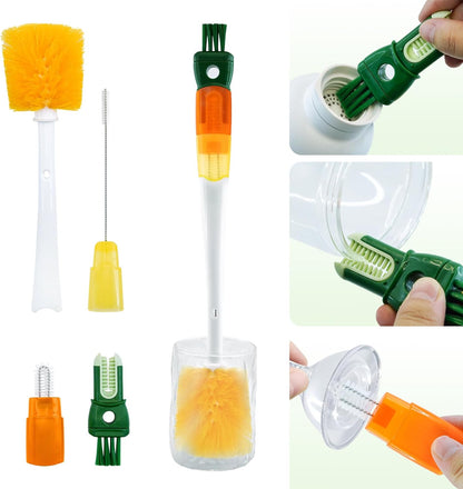 Five-in-one Bottle Brush Set (1Pc Green), Long Handle Bottle Cleaning Brush Straw Brush Nipple Brush Hard-Corner Brush for Sports Water Bottles Caps Mugs Glasswares Tumblers Wine Decanters