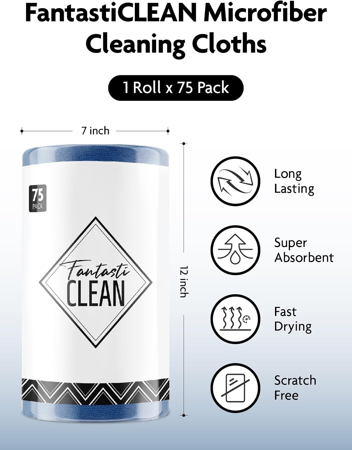 Fantasticlean Microfiber Cleaning Cloth Roll -75 Pack, Tear Away Microfiber Towels, 12" x 12", Reusable, Washable, Scratch Free, Ultra Absorbent Dishcloth for All-Around Cleaning Supplies (White)