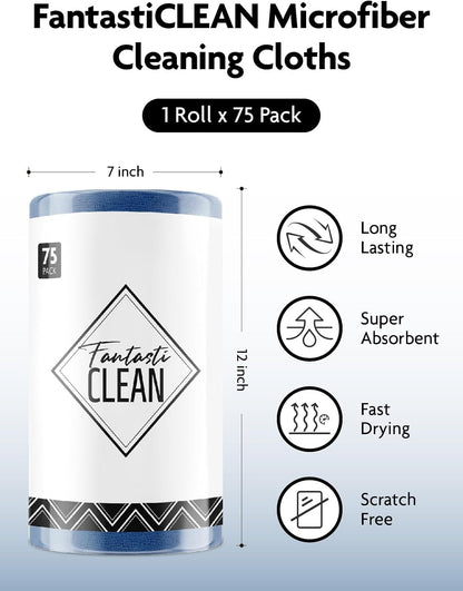 Fantasticlean Microfiber Cleaning Cloth Roll -75 Pack, Tear Away Microfiber Towels, 12" x 12", Reusable, Washable, Scratch Free, Ultra Absorbent Dishcloth for All-Around Cleaning Supplies (White)
