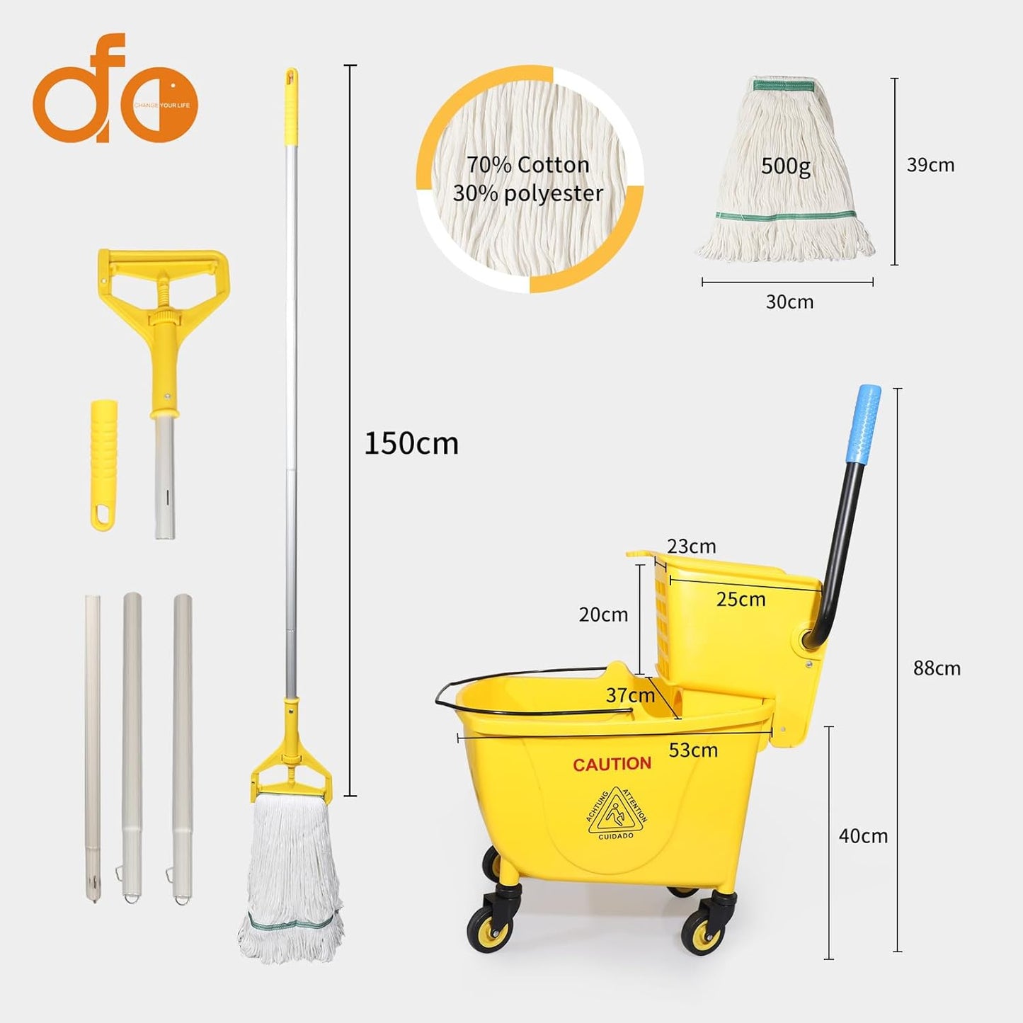 Side Press Wringer Combo Commercial Floor Cleaning Rectangular Mop Bucket on Wheels, 35-Qt, Yellow,Add One Mop and One Mop Head Replacement