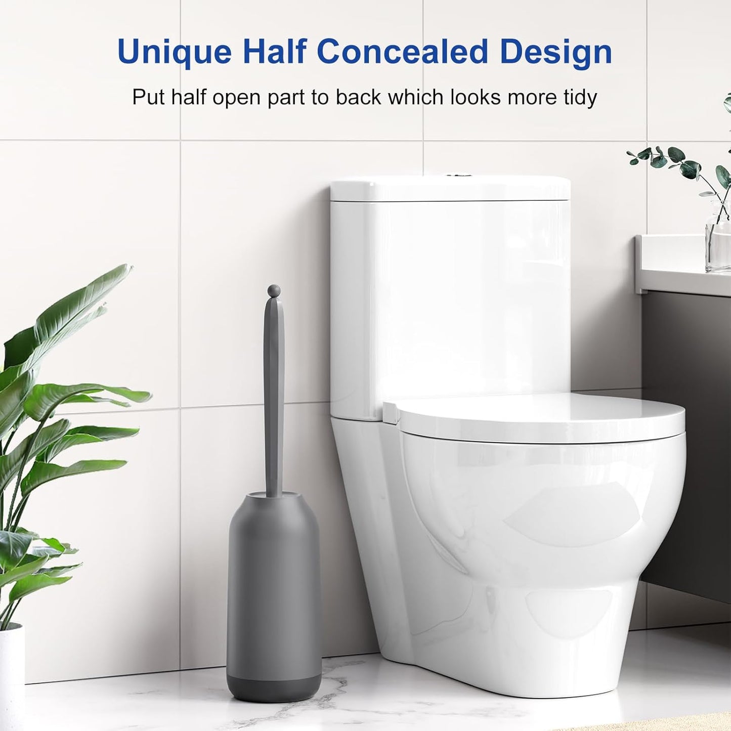 HAMITOR Toilet Bowl Brush Holder Set: Deep Cleaning Silicone Toilet Cleaner Scrubber Under Rim with Curved Bristle for Bathroom Dead Corner Clean - Modern Rv Toilet Decorative Accessories - Gray