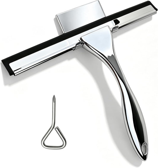 All-Purpose Stainless Steel Squeegee, 10 Inch Silver Shower Squeegee with 1 Adhesive Hooks, Streak-Free Silicone Blade for Shower Door, Window, Car, Tile Wall, Bathroom Household Cleaning Tool