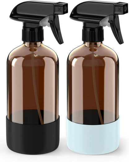 Bontip Glass Spray Bottle with Silicone Sleeve Protection, Amber Glass Spray Bottle Set for Window Cleaner Aromatherapy Facial Hydration Watering Flowers Hair Care 2 Pack/16 oz (Black & Brown)