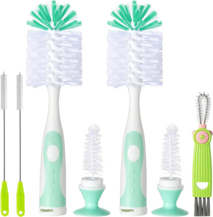 Baby Bottle Brush Set 4 in 1, Baby Bottle Cleaner, with 1P Nylon Bottle Brush, 1P Bottle Cap Brushes, 2P Straw Brushes, Bottle Brush with Nipple Cleaner and Suction Cup, BPA-Free(Green)